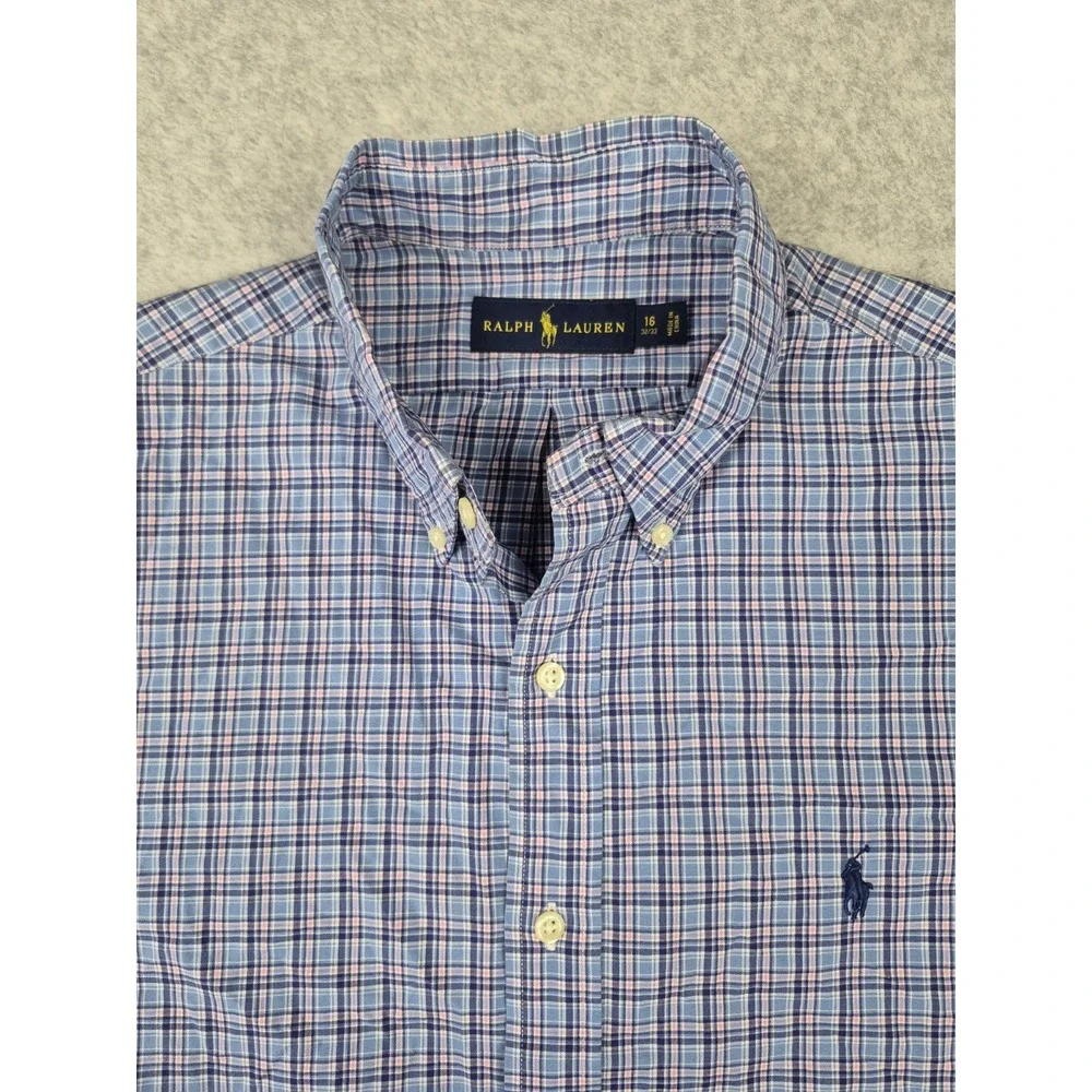 Ralph Lauren Men's Plaid Long Sleeve Shirt‎ Size 16-32/33 Medium Blue Pink